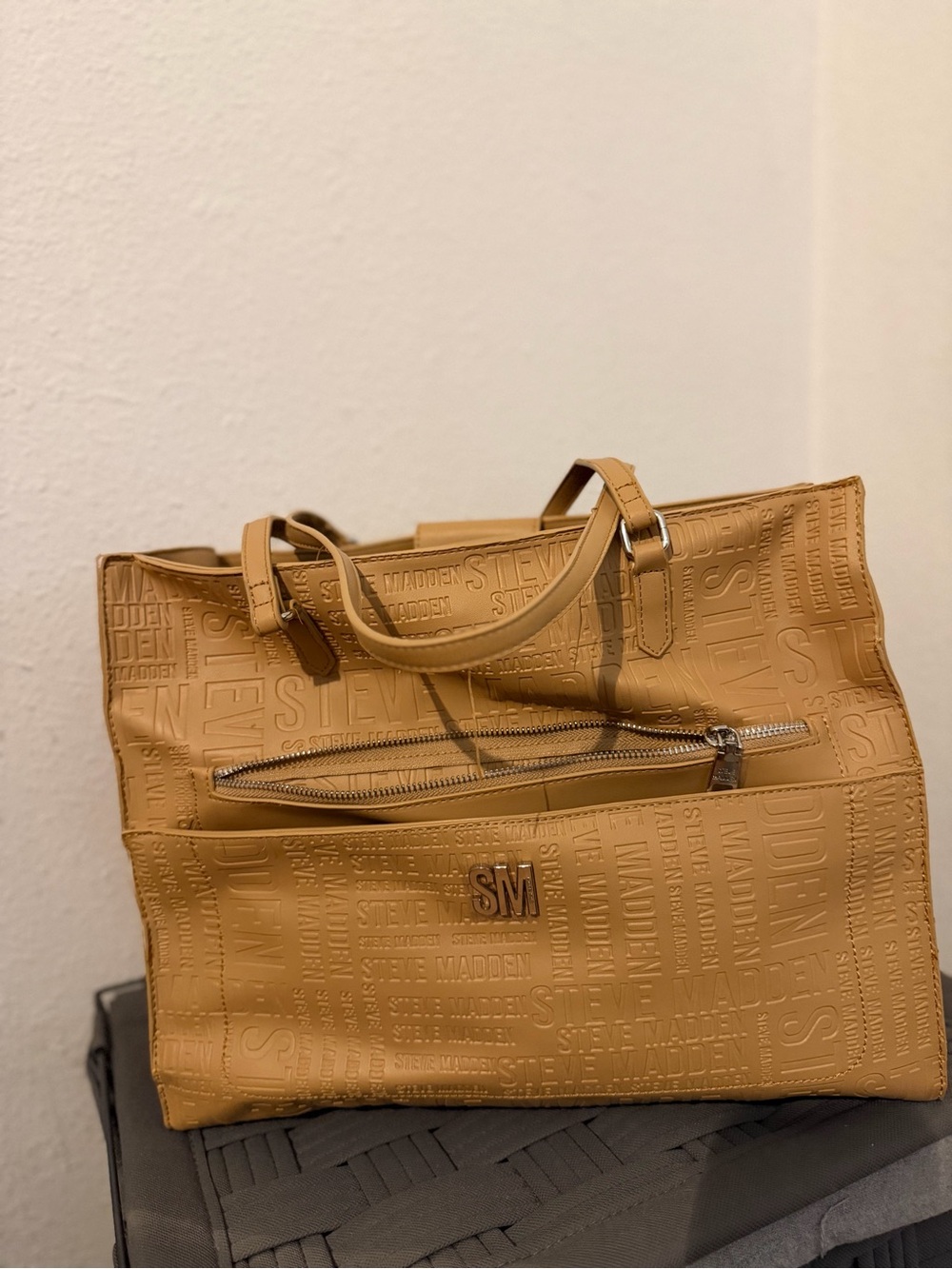 Steve Madden camel embossed logo tote